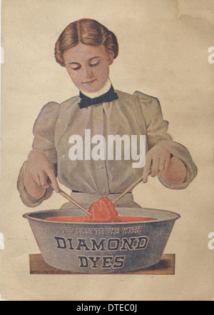 Cette carte commerciale victorienne de Wells, Richardson & Co. fait la promotion de Diamond Dyes, une importante société de produits chimiques et de teinture. La carte met l'accent sur les femmes et les jeunes adultes engagés dans les tâches ménagères, soulignant le rôle des produits de teinture dans les vêtements et les activités ménagères. Banque D'Images
