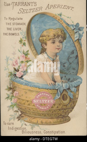 La carte commerciale Seltzer Aperient de Tarrant comprend des paniers et des meubles pour enfants, ainsi qu'une promotion pour les médicaments brevetés. La carte présente un mélange de produits de santé et d'articles pour enfants, reflétant les pratiques publicitaires courantes de l'époque. Banque D'Images