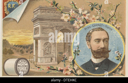 Une carte commerciale victorienne de Clark's Spool Cotton, reliant leurs produits de fil à des monuments et mémoriaux. La carte lie l'industrie des notions avec des personnalités politiques, mettant en valeur un mélange de biens de tous les jours et de symboles culturels. Banque D'Images