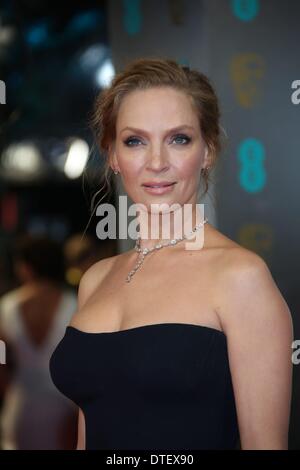 L'actrice Uma Thurman nous arrive à la 66e assemblée annuelle British Academy Film Awards aka l'EE British Academy Film Awards Baftas aka au Royal Opera House de Londres, Grande-Bretagne, le 16 février 2014. Photo : Hubert Boesl - PAS DE SERVICE DE FIL Banque D'Images