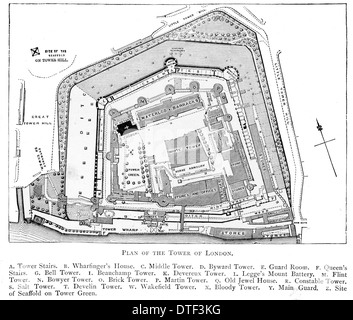 Plan de la Tour de Londres vers 1890 Banque D'Images