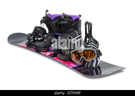 Snowboard et chaussures, gants et lunettes Banque D'Images