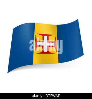 Drapeau de la région autonome de Madère - Portugal : jaune et bleu avec des rayures verticales de bordé rouge croix blanche sur la bande centrale Banque D'Images