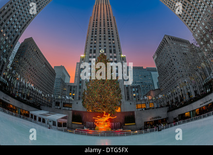 Le Centre Rockefeller Plaza inférieur avec l'emblématique et orné d'arbres de Noël illuminés et patinoire. Banque D'Images
