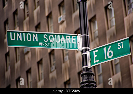 New York Union Square à l'Ouest et 16e E St signe. Banque D'Images