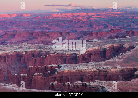 Monument de Grand Bassin donnent sur la vue au coucher du soleil, Canyonlands National Park, en Utah. Banque D'Images