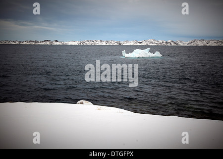 Iceberg à la dérive dans un fjord du Groenland. Il va bientôt atteindre l'eau plus chaude et fondre. Banque D'Images