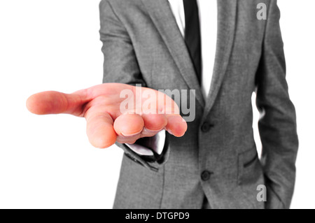 Un homme portant un costume avec sa main ouverte, comme la mendicité ou montrant ou quelque chose Banque D'Images