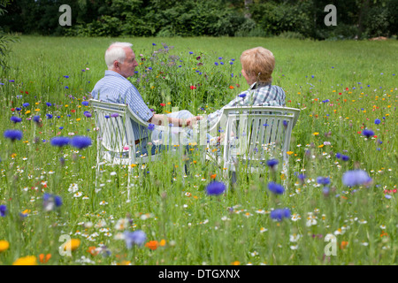 Senior couple sitting on a meadow, Delaware, UNITED STATES Banque D'Images