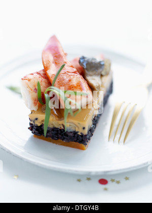 L'encre de seiche risotto,crème de champignons et le homard terrine Banque D'Images