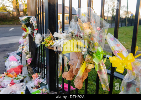 Fleurs liée à une clôture sur les lieux d'un accident de la route Banque D'Images