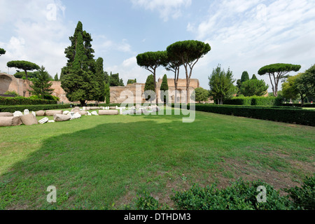 Vue sur jardin de pins de bâtiments le long des ruines des bains extérieurs mur ouest Caracalla Rome Italie Banque D'Images