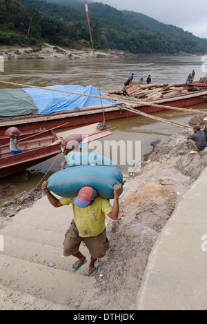 Les travailleurs de porter de lourds sacs de rainforest produit à partir d'un cargo sur le Mékong, Pakbeng, Laos. Banque D'Images