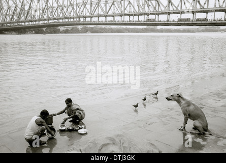 Les rives de la rivière Hooghly près du pont Howrah à Kolkata Calcutta dans le Bengale occidental en Inde, en Asie du Sud. La famille chien laver reportage Voyage Banque D'Images