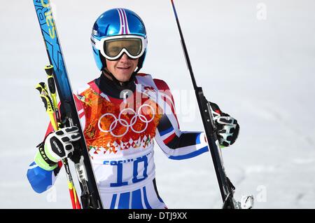 La Pierre Saint Martin, la Russie. Feb 19, 2014. Steve Missillier de France réagit au cours de l'homme Slalom géant de ski alpin dans l'événement Rosa Khutor Alpine Centre au Jeux Olympiques de 2014 à Sotchi, Russie, Krasnaya Polyana, le 19 février 2014. Photo : Michael Kappeler/dpa/Alamy Live News Banque D'Images