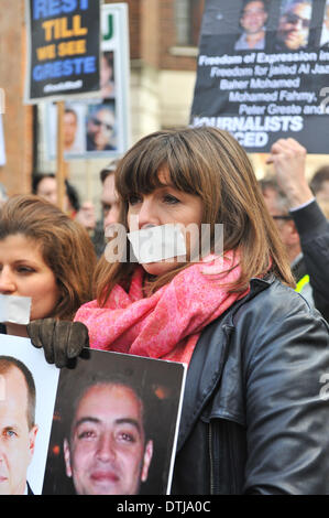 South Street, London, UK. 19 février 2014. Sue Turton de Al Jazeera English, ainsi que les membres du NUJ exigeant la libération des journalistes détenus en Egypte. Crédit : Matthieu Chattle/Alamy Live News Banque D'Images