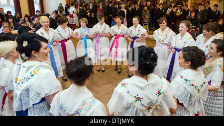 Drachhausen, Allemagne. 16 Février, 2014. Les jeunes femmes en costumes traditionnels de fête sorabe assister à l'Zapust Sorbian-Wendish traditionnelle de la jeunesse carnaval dans Drachhausen, Allemagne, 16 février 2014. Zapust est le plus populaire de tradition les Sorabes. Le cortège de carnaval dans les villages de Lusace est tenu d'expulser l'hiver. Photo : Patrick Pleul/ZB/dpa/Alamy Live News Banque D'Images