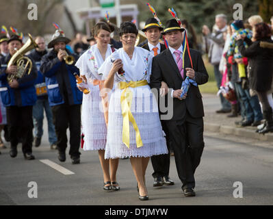 Drachhausen, Allemagne. 16 Février, 2014. Les couples non mariés en sorabe traditionnels costumes de fête traditionnels d'assister à l'Zapust Sorbian-Wendish le carnaval des jeunes dans Drachhausen, Allemagne, 16 février 2014. Zapust est le plus populaire de tradition les Sorabes. Le cortège de carnaval dans les villages de Lusace est tenu d'expulser l'hiver. Photo : Patrick Pleul/ZB/dpa/Alamy Live News Banque D'Images