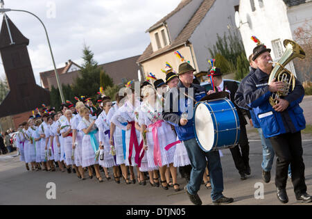 Drachhausen, Allemagne. 16 Février, 2014. Les couples non mariés en sorabe traditionnels costumes de fête traditionnels d'assister à l'Zapust Sorbian-Wendish le carnaval des jeunes dans Drachhausen, Allemagne, 16 février 2014. Zapust est le plus populaire de tradition les Sorabes. Le cortège de carnaval dans les villages de Lusace est tenu d'expulser l'hiver. Photo : Patrick Pleul/ZB/dpa/Alamy Live News Banque D'Images