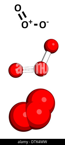 Trioxygen d'ozone (O3), molécule. Trois représentations : formule topologique 2D, 3D ball-and-stick modèle, l'espace 3D-modèle de remplissage Banque D'Images