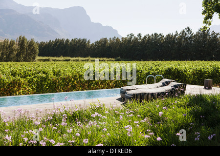 Chaises de salon par bateau pour la nage entre vignoble et jardin Banque D'Images