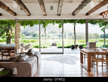 Plan d'étage ouvert dans la maison de luxe avec vue sur vignoble Banque D'Images