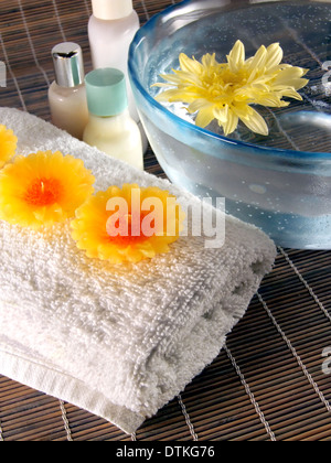Spa essentials sur fond de bois Banque D'Images