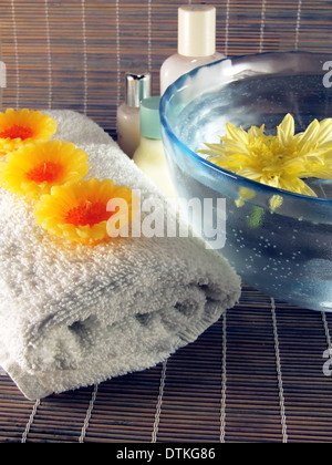 Spa essentials sur fond de bois Banque D'Images