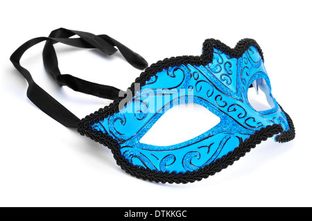 Un élégant masque carnaval bleu et noir sur fond blanc Banque D'Images