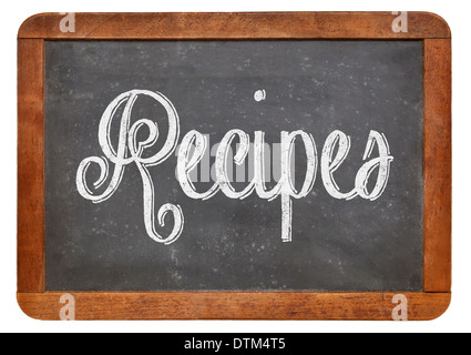 Recettes manuscrites word avec craie blanche sur tableau noir, isolated on white Banque D'Images