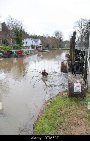 Voie navigable Wey canal avec un arbre immergé en partie contre les vannes à la suite de graves inondations et tempêtes. Banque D'Images