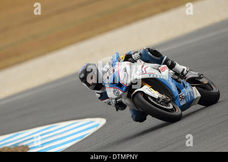 Phillip Island, Australie. Vendredi, 21 février, 2014. Cavalier hongrois Peter Sebestyen à bord de sa BMW S1000RR superbike lors de la pratique libre à la tour de l'île de Phillip 2014 Championnat du Monde Superbike. Météo variable et une piste humide vu riders seulement compléter quelques tours avant la fin de la session pratique. Credit : Russell Hunter/Alamy Live News Banque D'Images