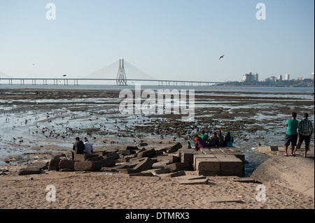 Dans la soirée, les gens se rassemblent autour de Mahim Bay Bandra et Worli et Link Bridge pour admirer le coucher du soleil. Banque D'Images