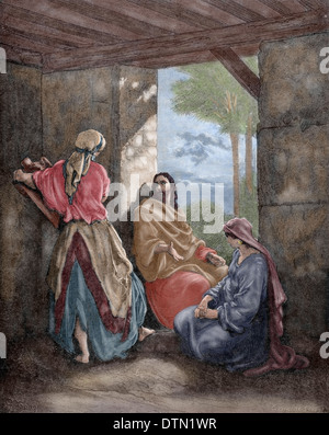 Nouveau Testament. Evangile de Luc, Chapitre X. Jésus dans la maison de Marthe et Marie. Gravure en couleur. Banque D'Images