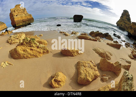 Portugal, Algarve, Lagoa, Carvoeiro, Praia da Marinha, objectif fisheye, Nikon objectif fisheye, 16mm, Voyage, tourisme, nature, rochers, plage, pas de gens, la planète bleue, l'autre perspective, mer, océan, littoral, zones côtières, sable, Bay, dans le sud de l'Algarve, plage rocheuse, c Banque D'Images