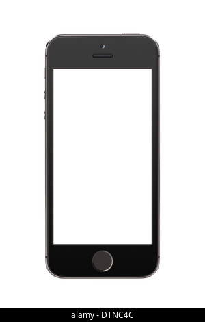 Vue de face d'un directement noir moderne téléphone intelligent avec écran blanc isolé sur fond blanc. Haute qualité. Banque D'Images