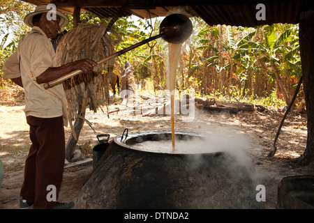 Un fermier panaméen fait bouillir du jus de canne à sucre dans sa petite ferme à El Rosario, près de Penonome, dans la province de Cocle, République du Panama, Amérique centrale. Banque D'Images