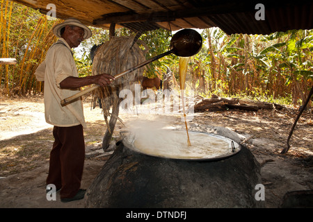 Un fermier panaméen fait bouillir du jus de canne à sucre dans sa petite ferme à El Rosario, près de Penonome, dans la province de Cocle, République du Panama, Amérique centrale. Banque D'Images