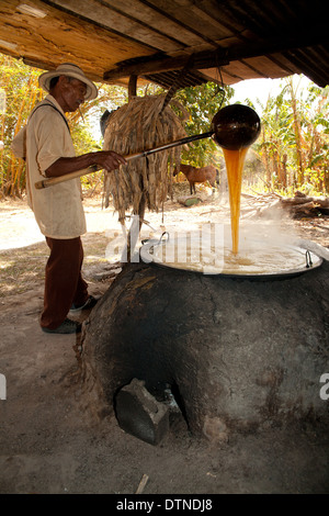 Un fermier panaméen fait bouillir du jus de canne à sucre dans sa petite ferme à El Rosario, près de Penonome, dans la province de Cocle, République du Panama, Amérique centrale. Banque D'Images