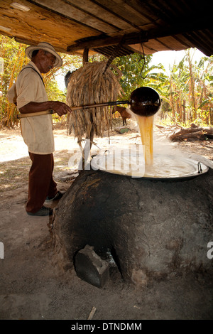 Un fermier panaméen fait bouillir du jus de canne à sucre dans sa petite ferme à El Rosario, près de Penonome, dans la province de Cocle, République du Panama, Amérique centrale. Banque D'Images