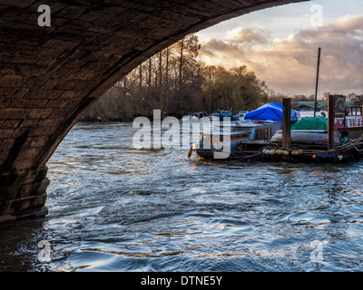 Vue de la rivière Thames gonflé de pluie et bateaux au crépuscule après les fortes pluies de l'hiver, Richmond upon Thames, Grand Londres, Surrey, UK Banque D'Images