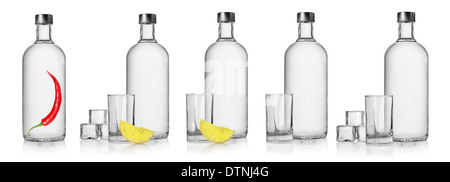 Des bouteilles de vodka et verres isolated on white Banque D'Images