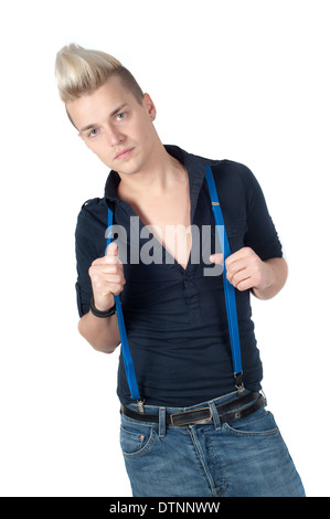 Homme habillé en jeans et chemise à bretelles Banque D'Images