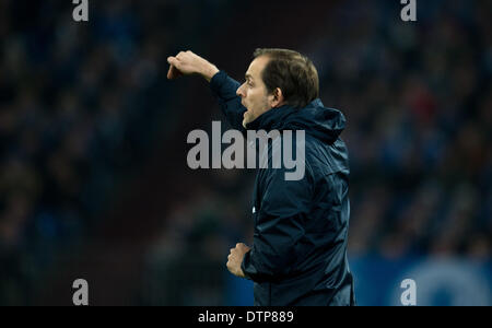 Gelsenkirchen, Allemagne. Feb 21, 2014. L'entraîneur-chef des Mayence Thomas Tuchel réagit au cours de la Bundesliga match de football entre le FC Schalke 04 FSV Mainz 05 et à la Veltins Arena de Gelsenkirchen, Allemagne, 21 février 2014. Photo : BERND THISSEN/dpa/Alamy Live News Banque D'Images