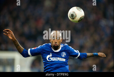Gelsenkirchen, Allemagne. Feb 21, 2014. Schalke est Felipe Santana passe le ballon au cours de la Bundesliga match de football entre le FC Schalke 04 FSV Mainz 05 et à la Veltins Arena de Gelsenkirchen, Allemagne, 21 février 2014. Photo : BERND THISSEN/dpa/Alamy Live News Banque D'Images