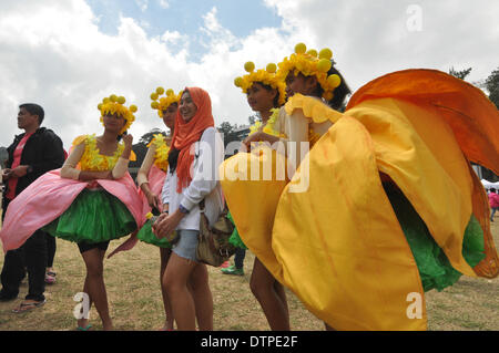 Baguio, Philippines. Feb 22, 2014. BAGUIO, Philippines - Scènes de rue pendant le concours de danse dans le cadre du Festival Panagbenga à Baguio City, au nord de Manille, le 22 février 2014. Panagbenga, un terme de la Cordillère pour ''Une saison de floraison'' ou ''un temps pour fleurir'', est un mois de festivités qui se passe dans la capitale d'été du pays tous les mois de février. Crédit : George Calvelo/NurPhoto ZUMAPRESS.com/Alamy/Live News Banque D'Images