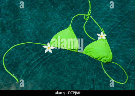 Haut de bikini vert flottant dans une piscine avec des fleurs Plumeria Banque D'Images