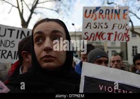 Londres, Royaume-Uni. 22 févr. 2014 : Autour de centaines de jeunes et moins jeunes de l'Ukraine famille avec childred Euromaidan de protestation de l'ambassade de Russie à l'Ukraine Ambassade à Holland Park à Londres demande un changement dans l'Ukraine. et fin tuile avec la Russie à Londres. Photo par voir Li/Alamy Live News Banque D'Images