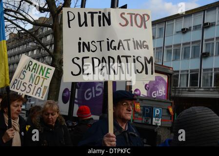 Londres, Royaume-Uni. 22 févr. 2014 : Autour de centaines de jeunes et moins jeunes de l'Ukraine famille avec childred Euromaidan de protestation de l'ambassade de Russie à l'Ukraine Ambassade à Holland Park à Londres demande un changement dans l'Ukraine. et fin tuile avec la Russie à Londres. Photo par voir Li/Alamy Live News Banque D'Images