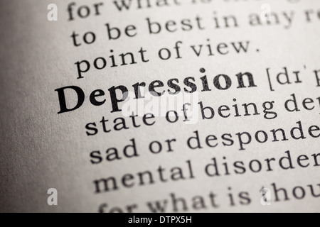 Faux dictionnaire, dictionnaire définition du mot dépression. Banque D'Images